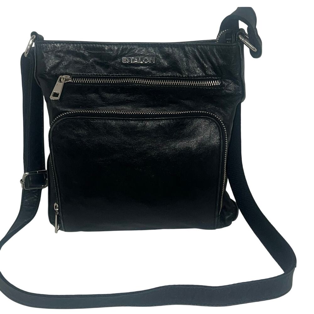 Estalon Genuine Leather Black Crossbody Bag Zippered Adj Strap Office Fashion